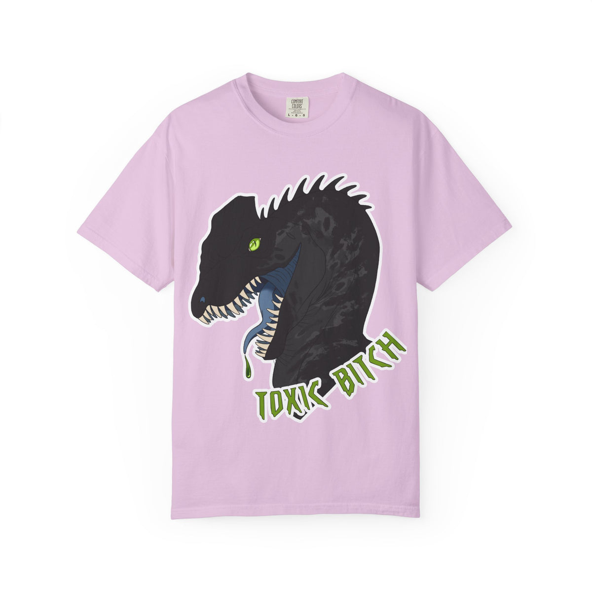 Toxic Bitch Dilophosaur T-Shirt | Black Dinosaur Head Graphic, Neon Green Eye Tee Shirt