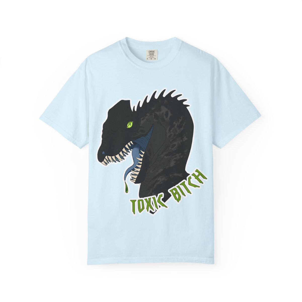 Toxic Bitch Dilophosaur T-Shirt | Black Dinosaur Head Graphic, Neon Green Eye Tee Shirt