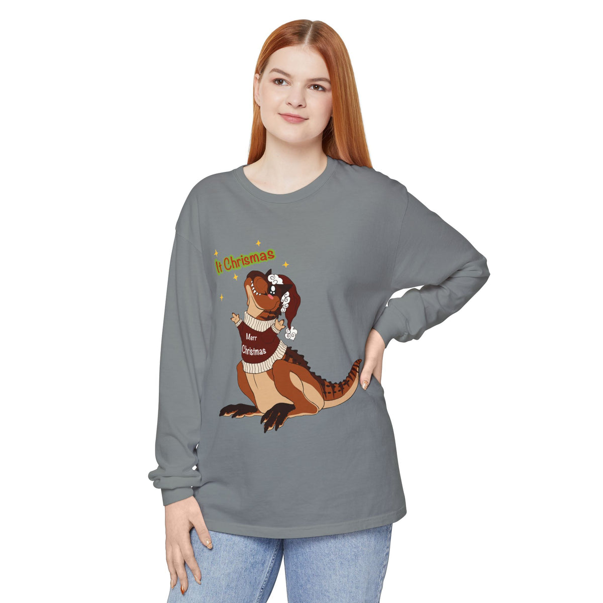 Carnotaurus Wearing Santa Hat Christmas Long Sleeve T-Shirt | Dino Holiday Tee | Dinosaur Christmas Shirt | Dinos Lover Christmas Gift