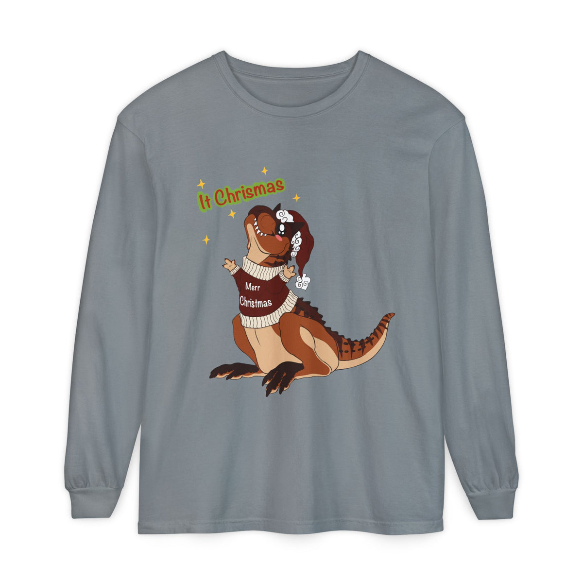 Carnotaurus Wearing Santa Hat Christmas Long Sleeve T-Shirt | Dino Holiday Tee | Dinosaur Christmas Shirt | Dinos Lover Christmas Gift