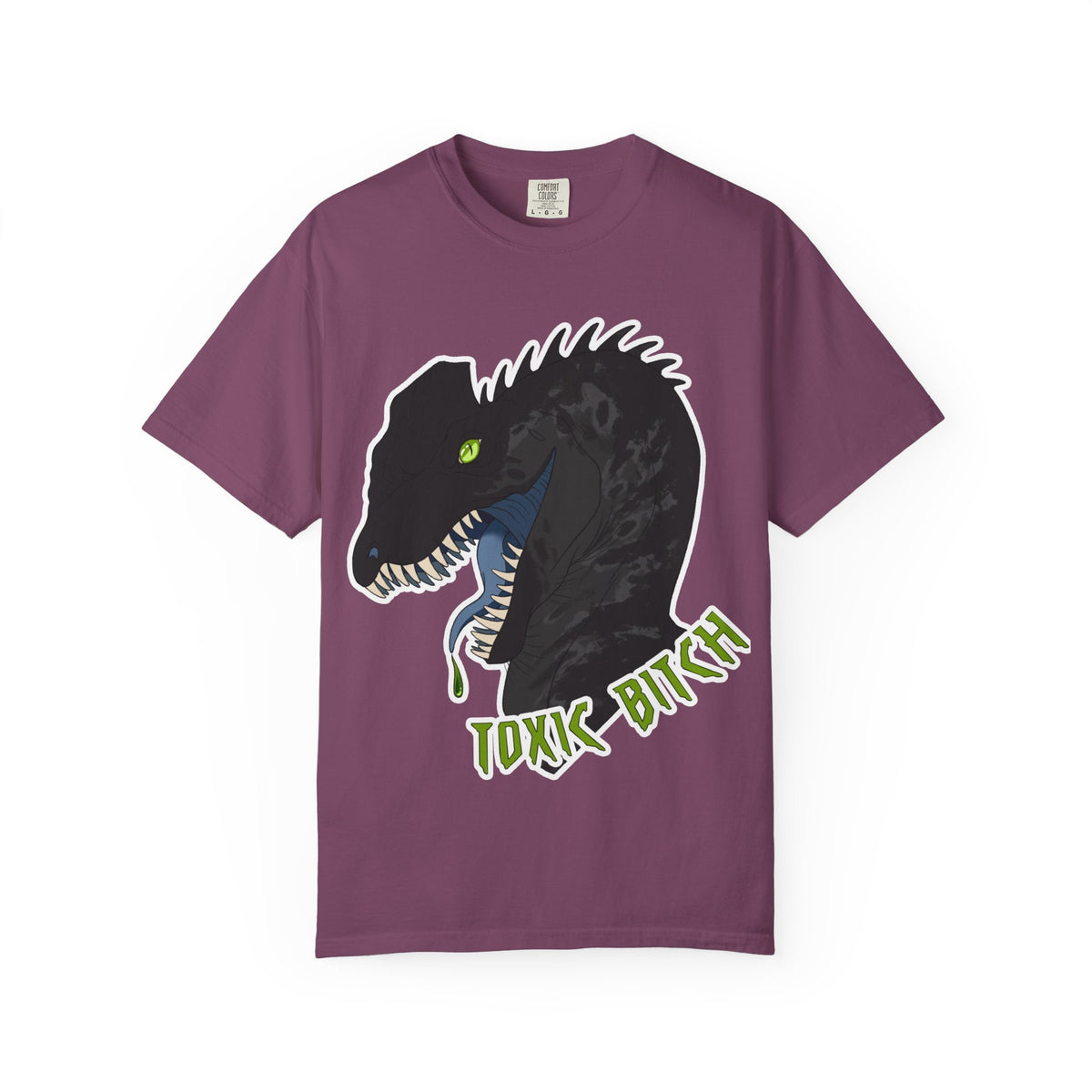 Toxic Bitch Dilophosaur T-Shirt | Black Dinosaur Head Graphic, Neon Green Eye Tee Shirt
