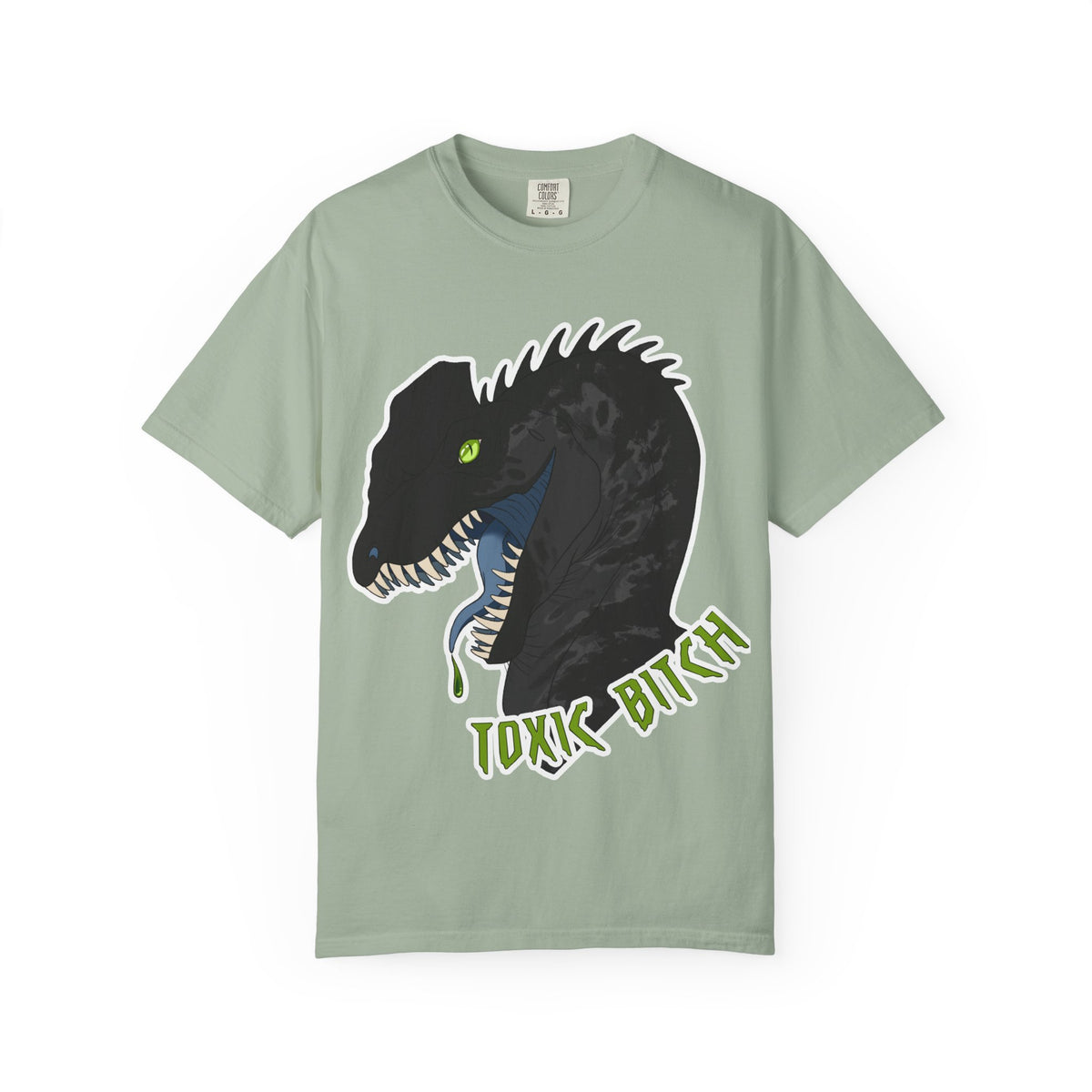Toxic Bitch Dilophosaur T-Shirt | Black Dinosaur Head Graphic, Neon Green Eye Tee Shirt