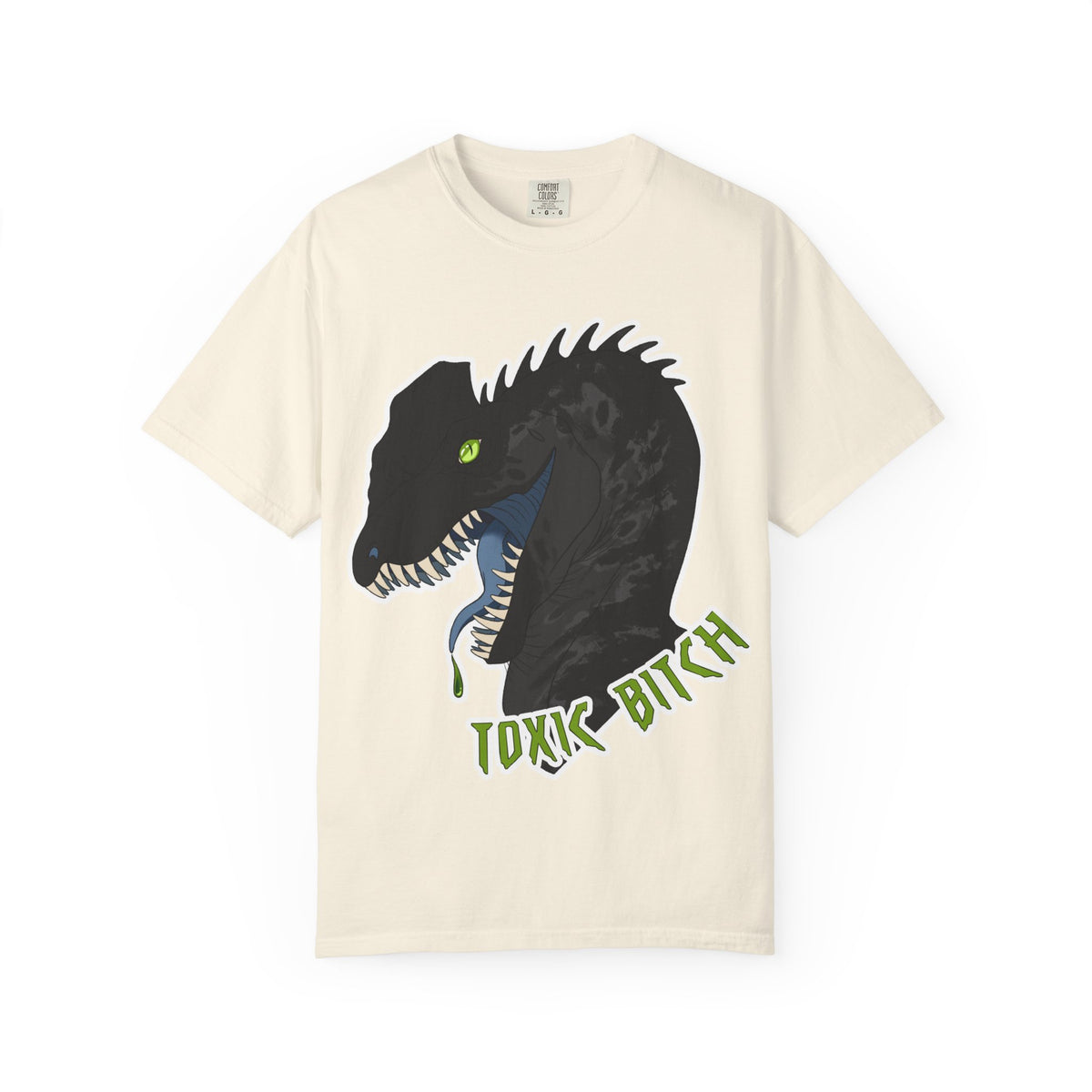 Toxic Bitch Dilophosaur T-Shirt | Black Dinosaur Head Graphic, Neon Green Eye Tee Shirt