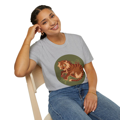 Playful Smilodon Sabertooh Tiger Illustration T-Shirt | Cute Cartoon Saber Cat Tiger Tee