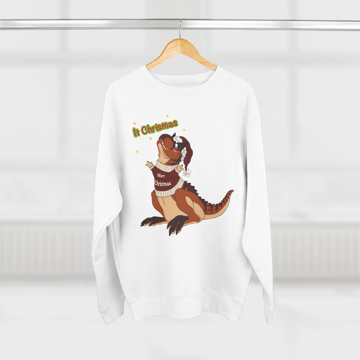 Carnotaurus Wearing Santa Hat Crewneck Sweatshirt | Christmas Dinosaur Holiday Sweater