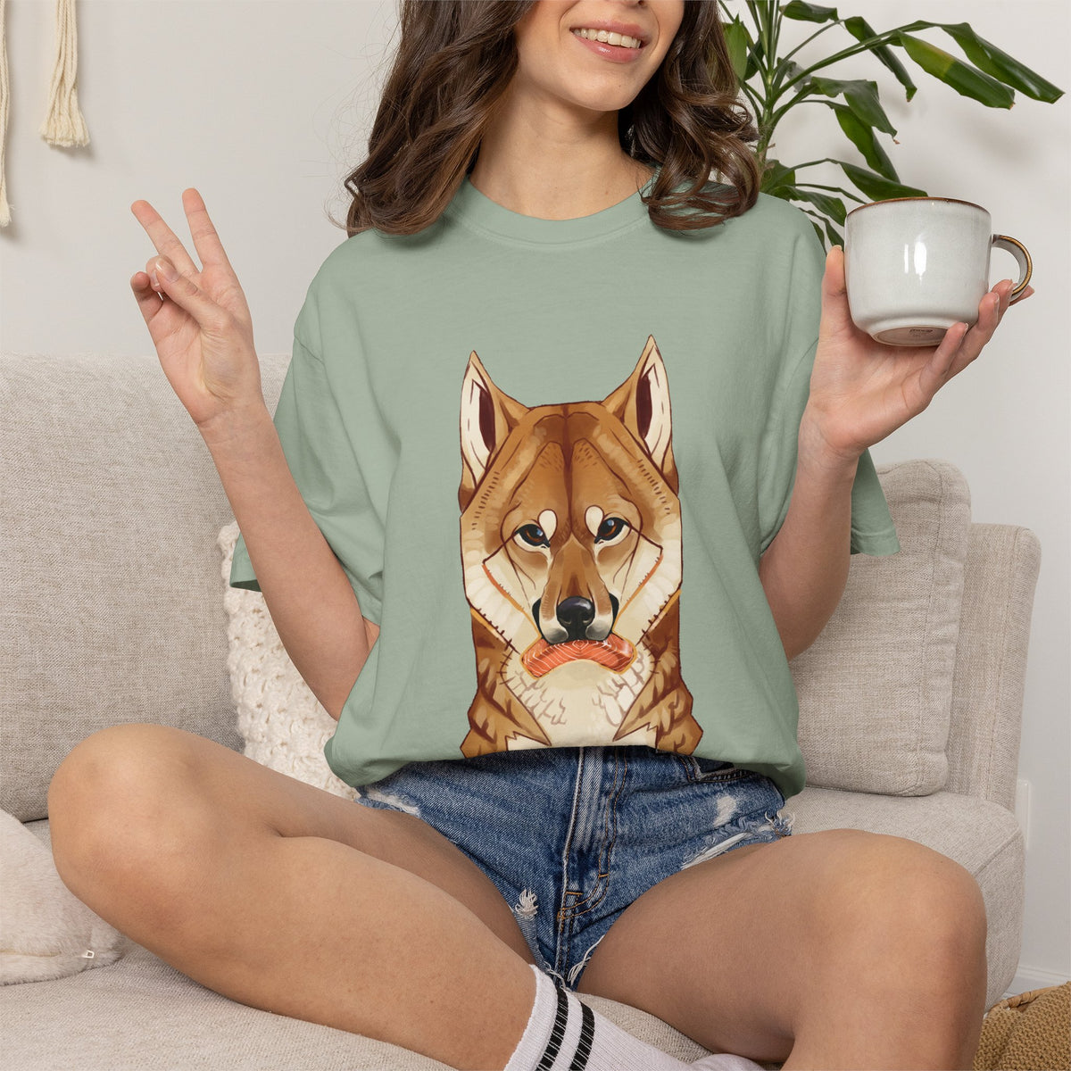 Shiba Inu T-Shirt | Cute Dog Shirt | Shiba Inu Lover Gift | Dog Lover Tee | Japanese Dog Art with Slice of Salmon
