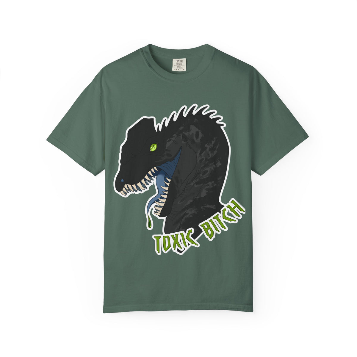 Toxic Bitch Dilophosaur T-Shirt | Black Dinosaur Head Graphic, Neon Green Eye Tee Shirt