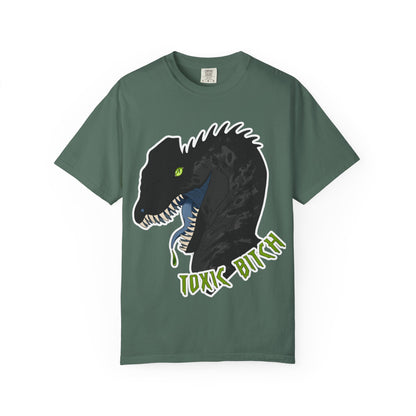 Toxic Bitch Dilophosaur T-Shirt | Black Dinosaur Head Graphic, Neon Green Eye Tee Shirt