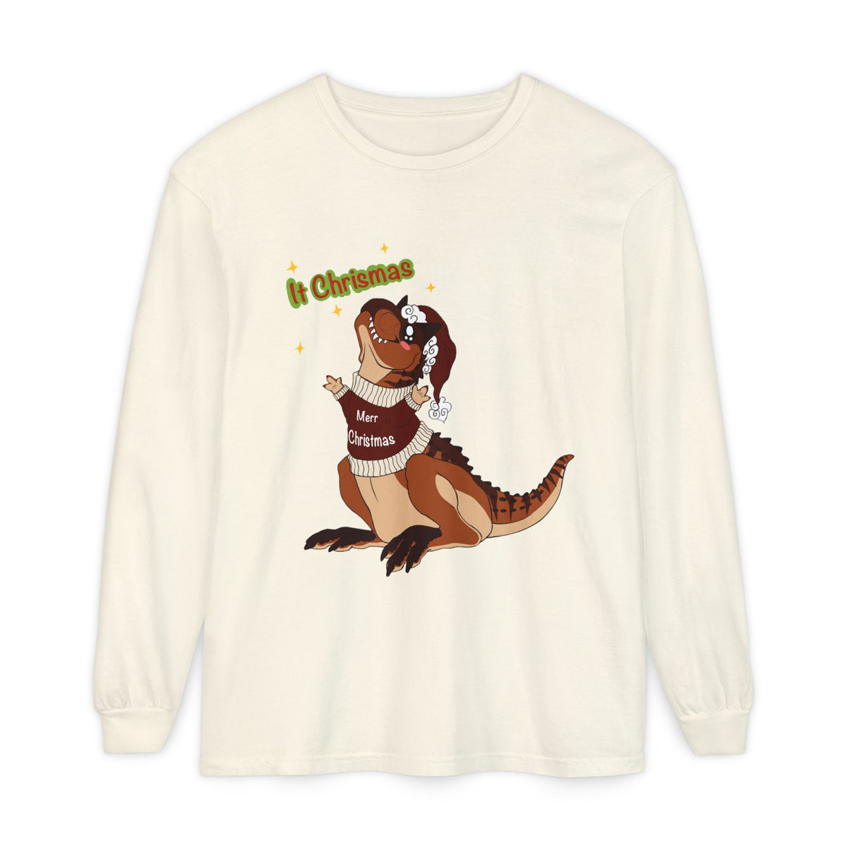 Carnotaurus Wearing Santa Hat Christmas Long Sleeve T-Shirt | Dino Holiday Tee | Dinosaur Christmas Shirt | Dinos Lover Christmas Gift