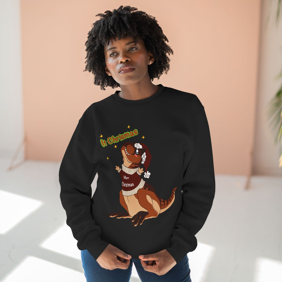 Carnotaurus Wearing Santa Hat Crewneck Sweatshirt | Christmas Dinosaur Holiday Sweater