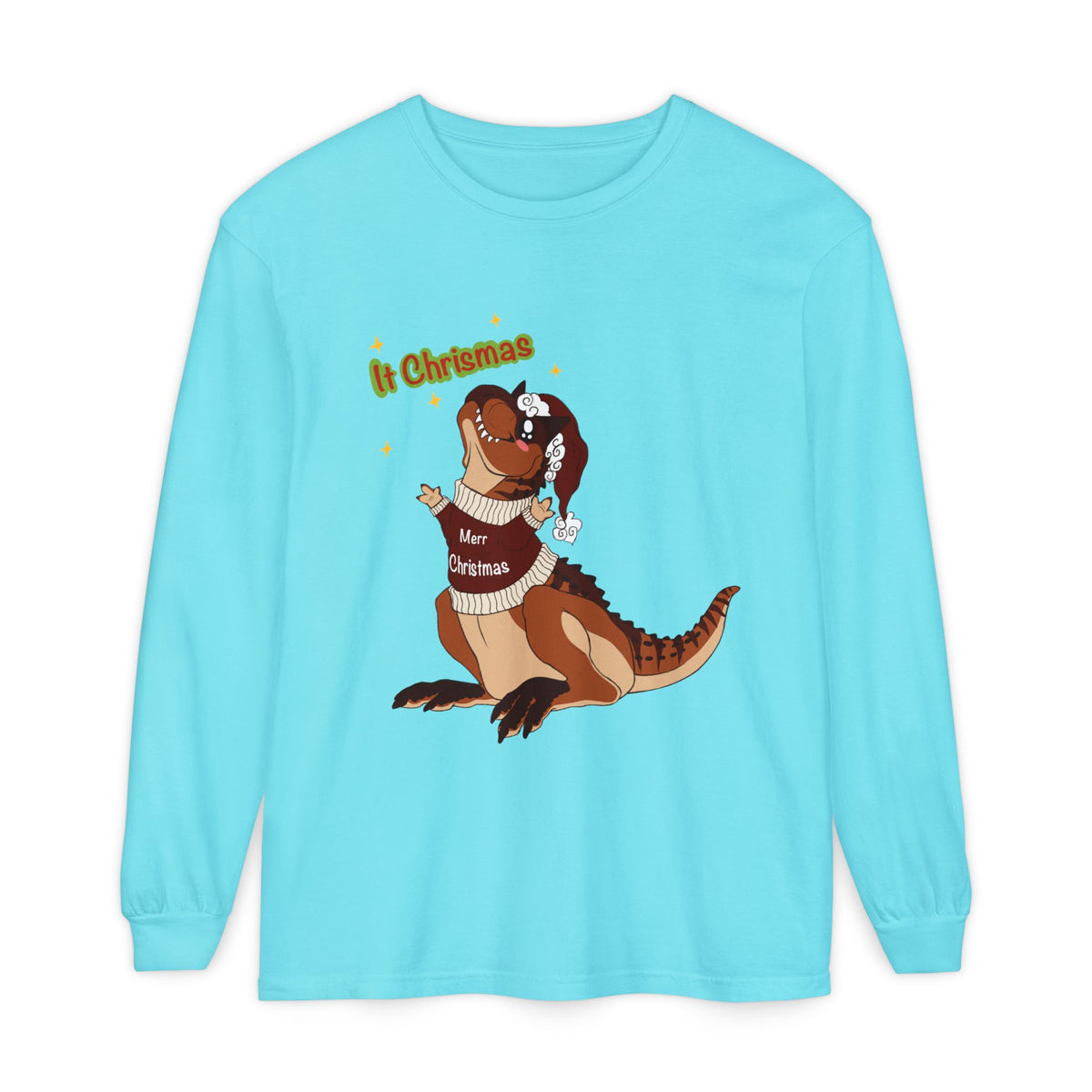 Carnotaurus Wearing Santa Hat Christmas Long Sleeve T-Shirt | Dino Holiday Tee | Dinosaur Christmas Shirt | Dinos Lover Christmas Gift