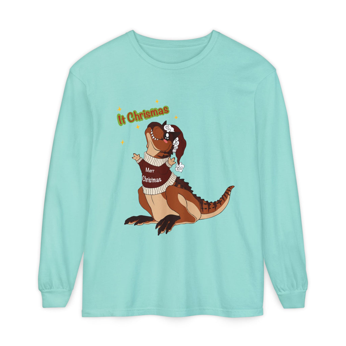 Carnotaurus Wearing Santa Hat Christmas Long Sleeve T-Shirt | Dino Holiday Tee | Dinosaur Christmas Shirt | Dinos Lover Christmas Gift