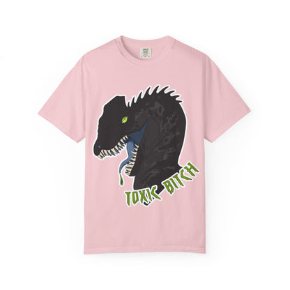 Toxic Bitch Dilophosaur T-Shirt | Black Dinosaur Head Graphic, Neon Green Eye Tee Shirt