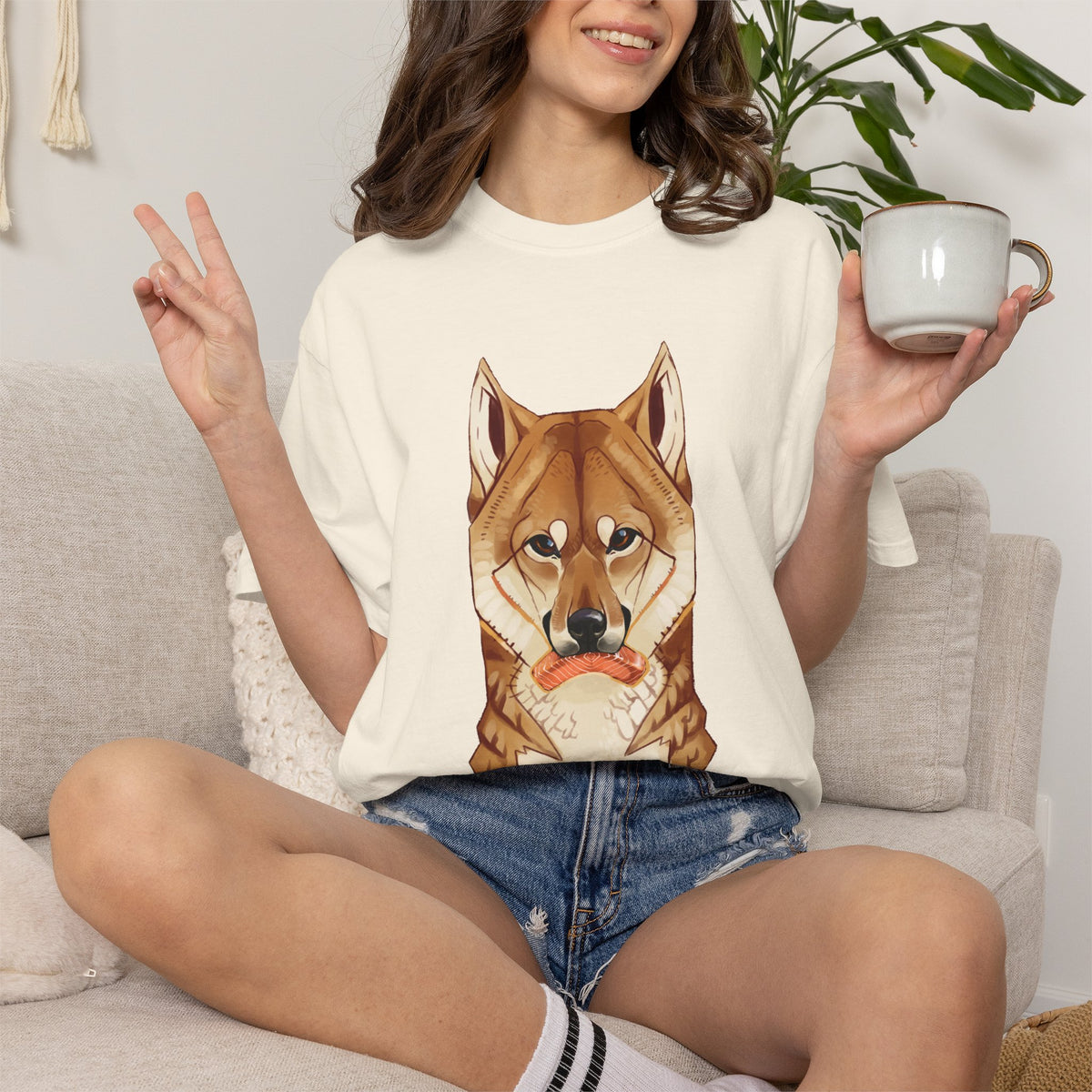 Shiba Inu T-Shirt | Cute Dog Shirt | Shiba Inu Lover Gift | Dog Lover Tee | Japanese Dog Art with Slice of Salmon