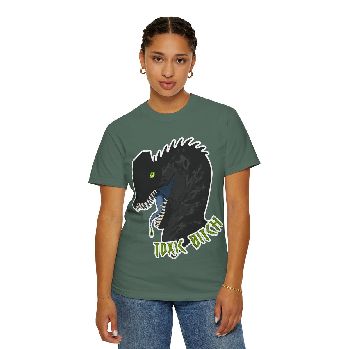 Toxic Bitch Dilophosaur T-Shirt | Black Dinosaur Head Graphic, Neon Green Eye Tee Shirt