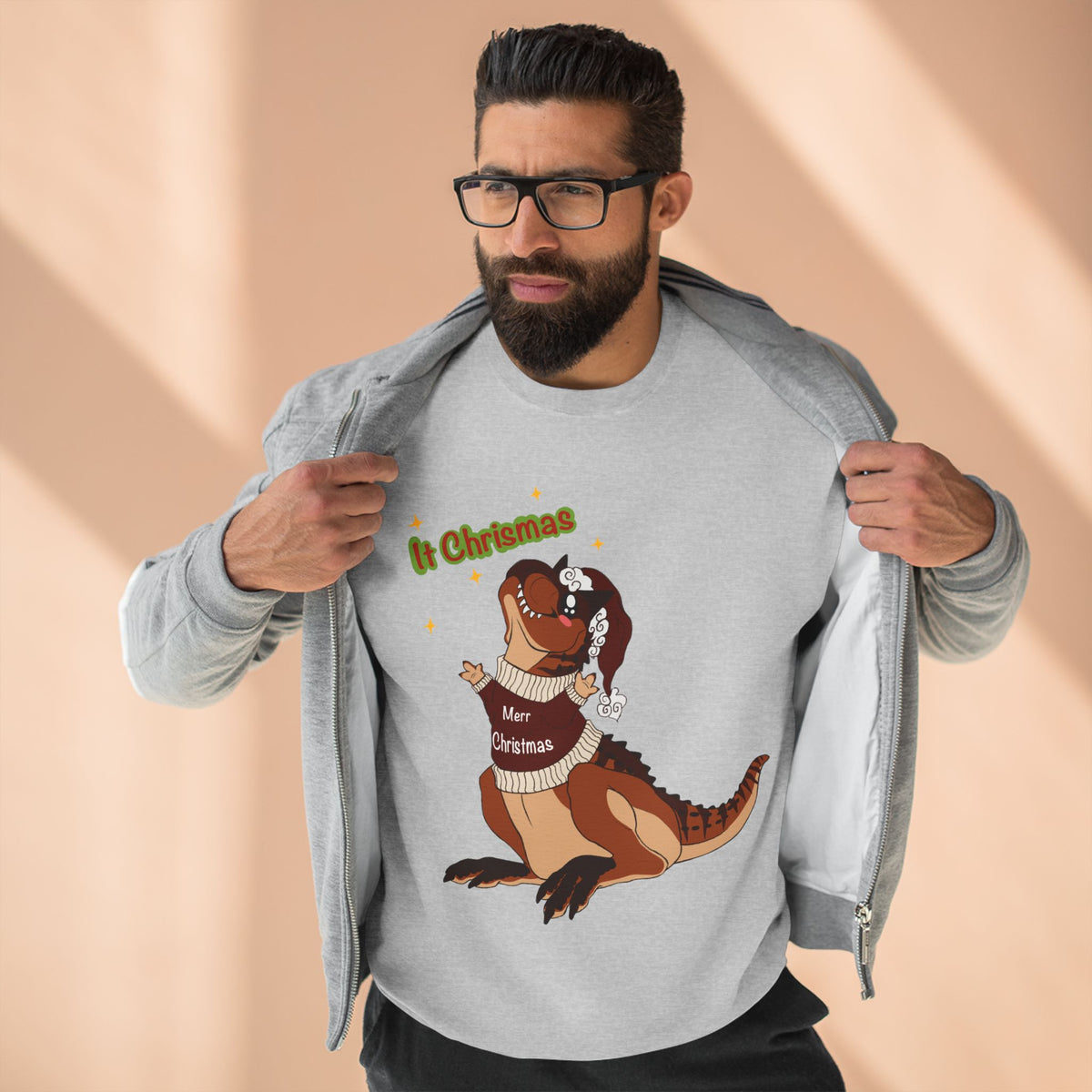 Carnotaurus Wearing Santa Hat Crewneck Sweatshirt | Christmas Dinosaur Holiday Sweater