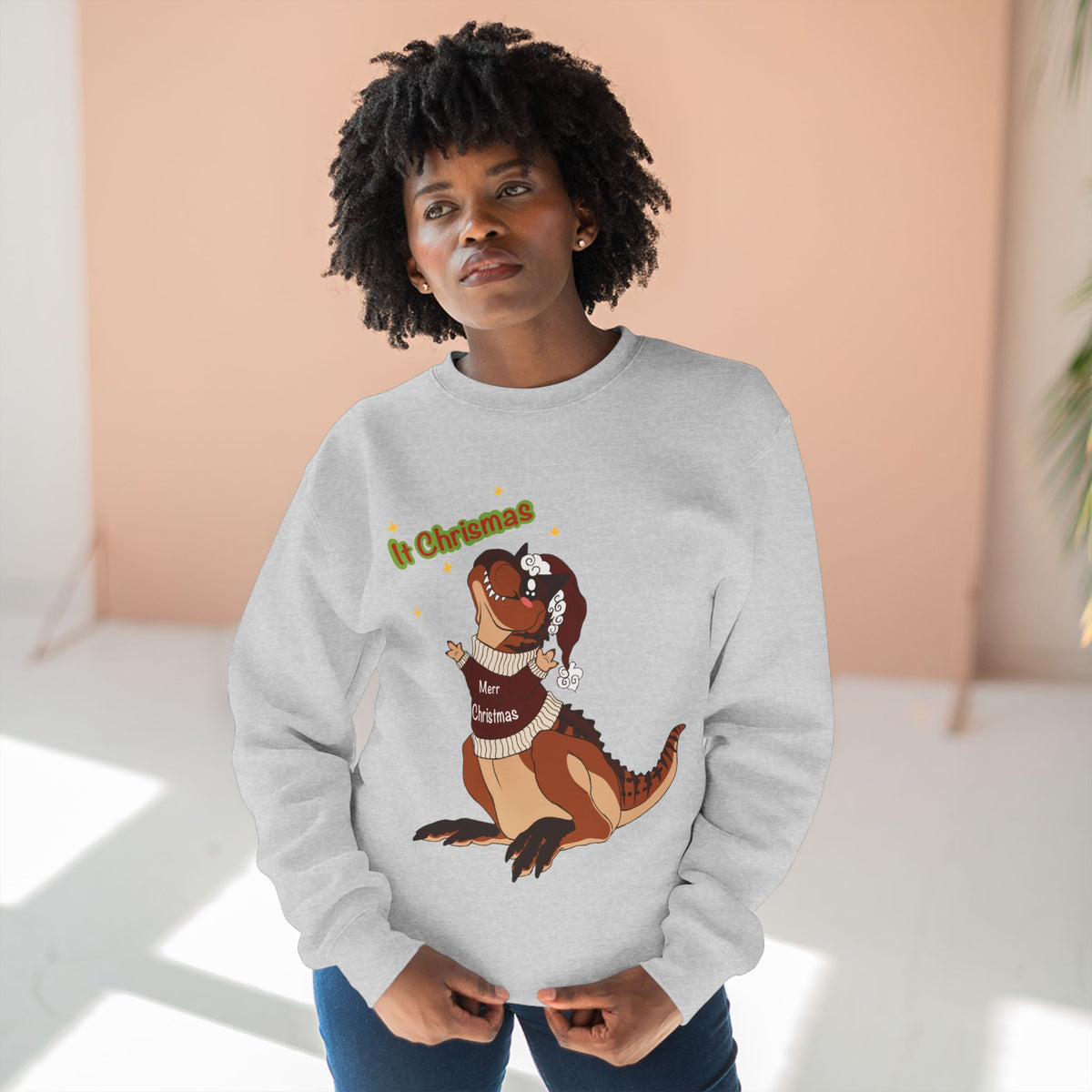 Carnotaurus Wearing Santa Hat Crewneck Sweatshirt | Christmas Dinosaur Holiday Sweater