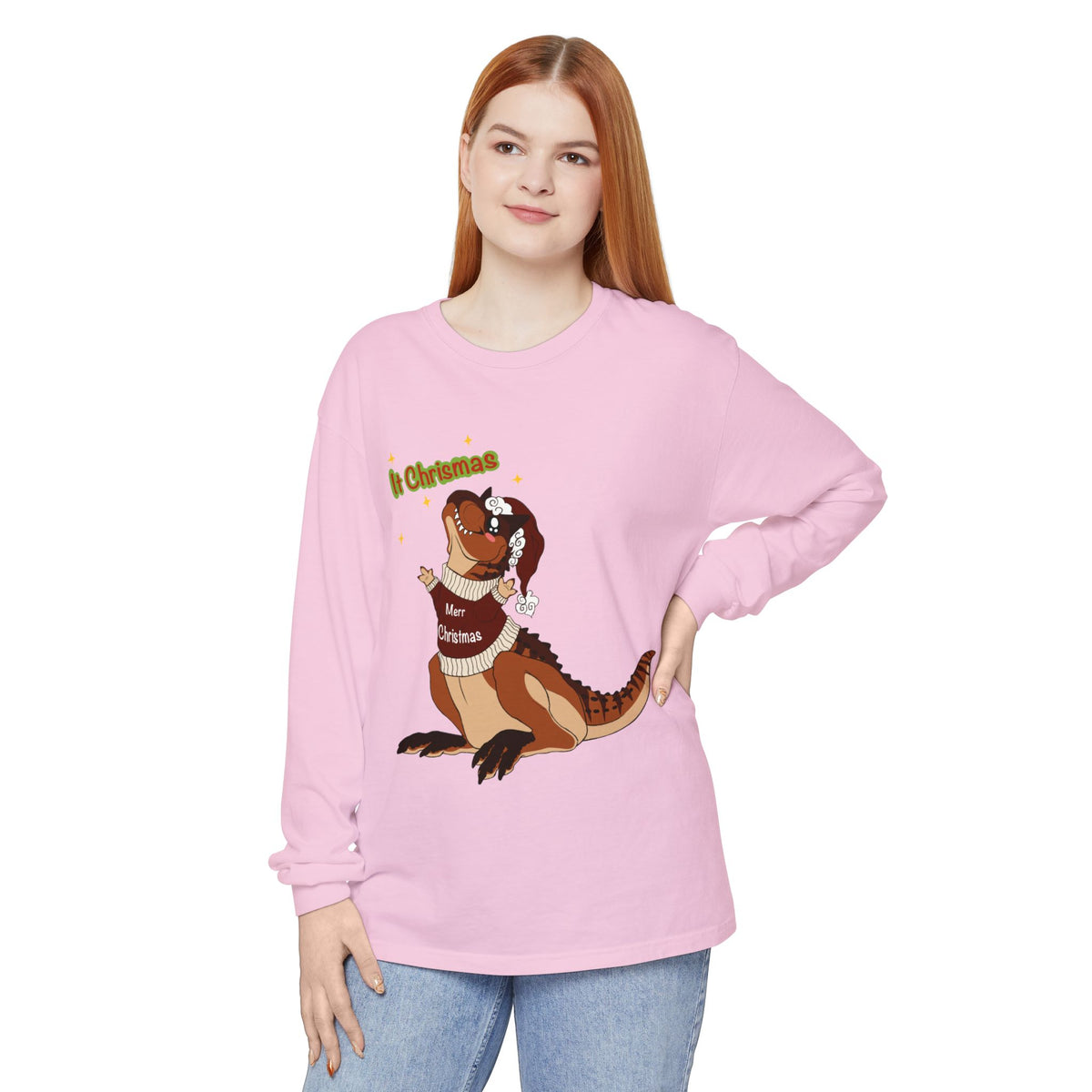 Carnotaurus Wearing Santa Hat Christmas Long Sleeve T-Shirt | Dino Holiday Tee | Dinosaur Christmas Shirt | Dinos Lover Christmas Gift