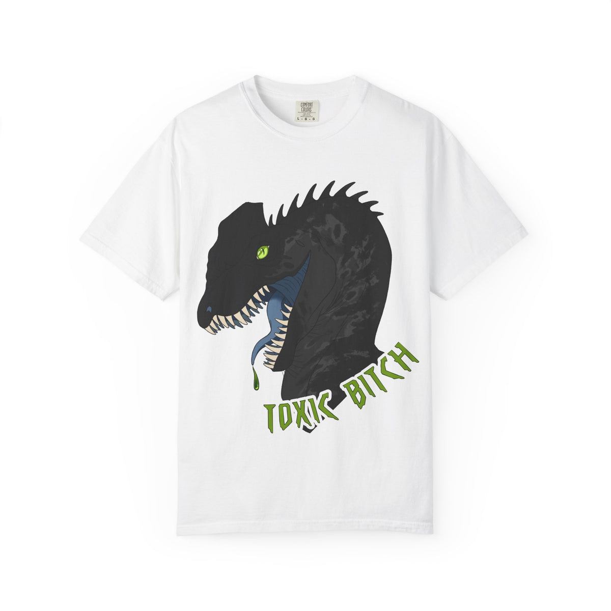 Toxic Bitch Dilophosaur T-Shirt | Black Dinosaur Head Graphic, Neon Green Eye Tee Shirt