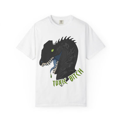 Toxic Bitch Dilophosaur T-Shirt | Black Dinosaur Head Graphic, Neon Green Eye Tee Shirt
