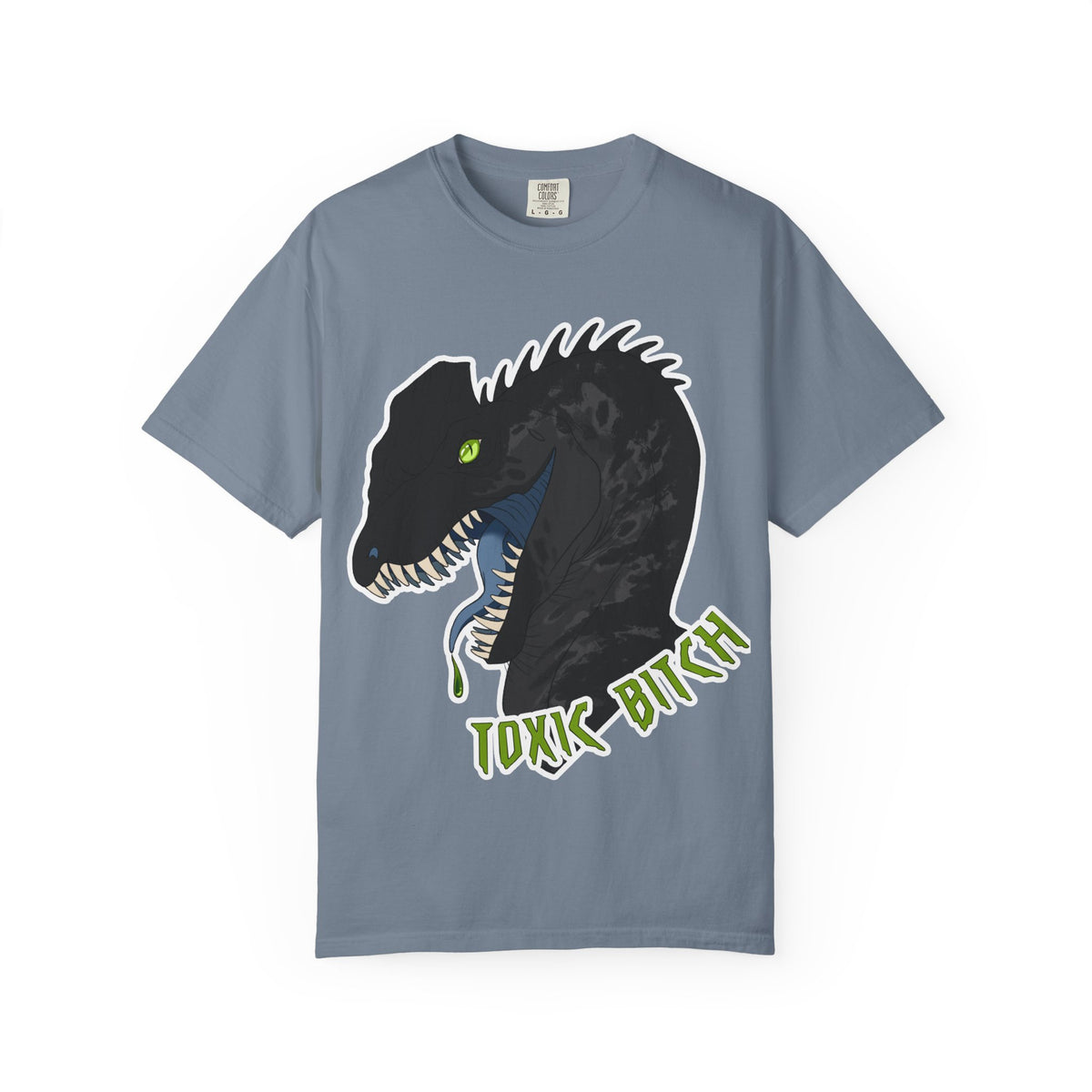 Toxic Bitch Dilophosaur T-Shirt | Black Dinosaur Head Graphic, Neon Green Eye Tee Shirt