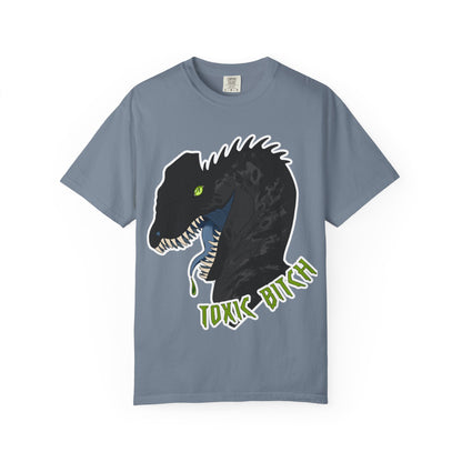Toxic Bitch Dilophosaur T-Shirt | Black Dinosaur Head Graphic, Neon Green Eye Tee Shirt