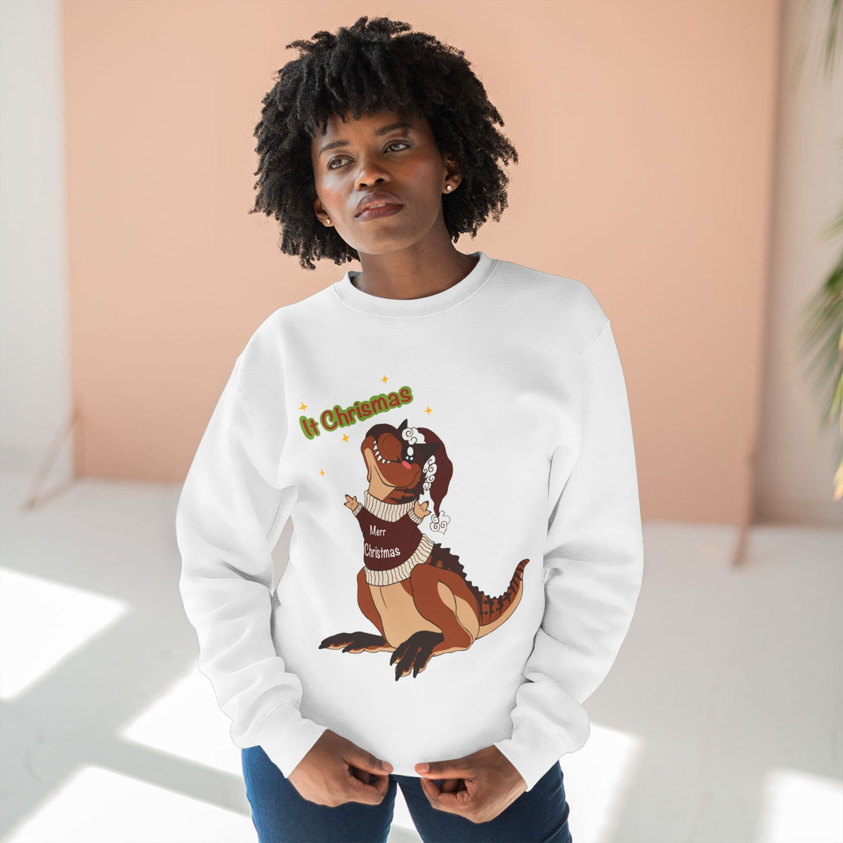 Carnotaurus Wearing Santa Hat Crewneck Sweatshirt | Christmas Dinosaur Holiday Sweater