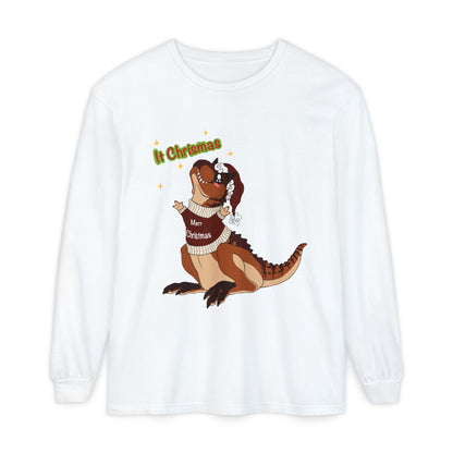 Carnotaurus Wearing Santa Hat Christmas Long Sleeve T-Shirt | Dino Holiday Tee | Dinosaur Christmas Shirt | Dinos Lover Christmas Gift