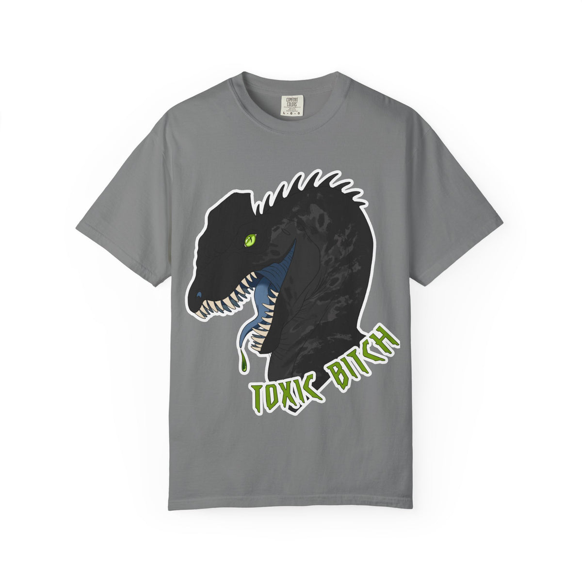 Toxic Bitch Dilophosaur T-Shirt | Black Dinosaur Head Graphic, Neon Green Eye Tee Shirt