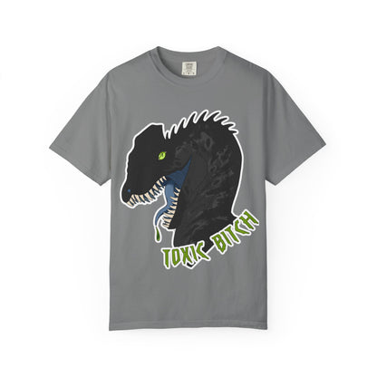 Toxic Bitch Dilophosaur T-Shirt | Black Dinosaur Head Graphic, Neon Green Eye Tee Shirt