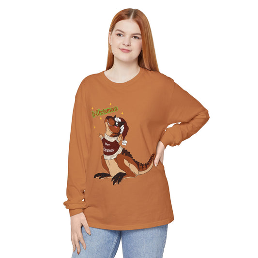Carnotaurus Wearing Santa Hat Christmas Long Sleeve T-Shirt | Dino Holiday Tee | Dinosaur Christmas Shirt | Dinos Lover Christmas Gift