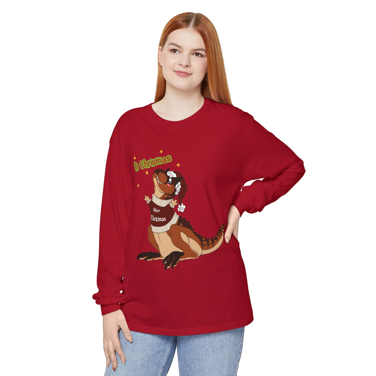 Carnotaurus Wearing Santa Hat Christmas Long Sleeve T-Shirt | Dino Holiday Tee | Dinosaur Christmas Shirt | Dinos Lover Christmas Gift
