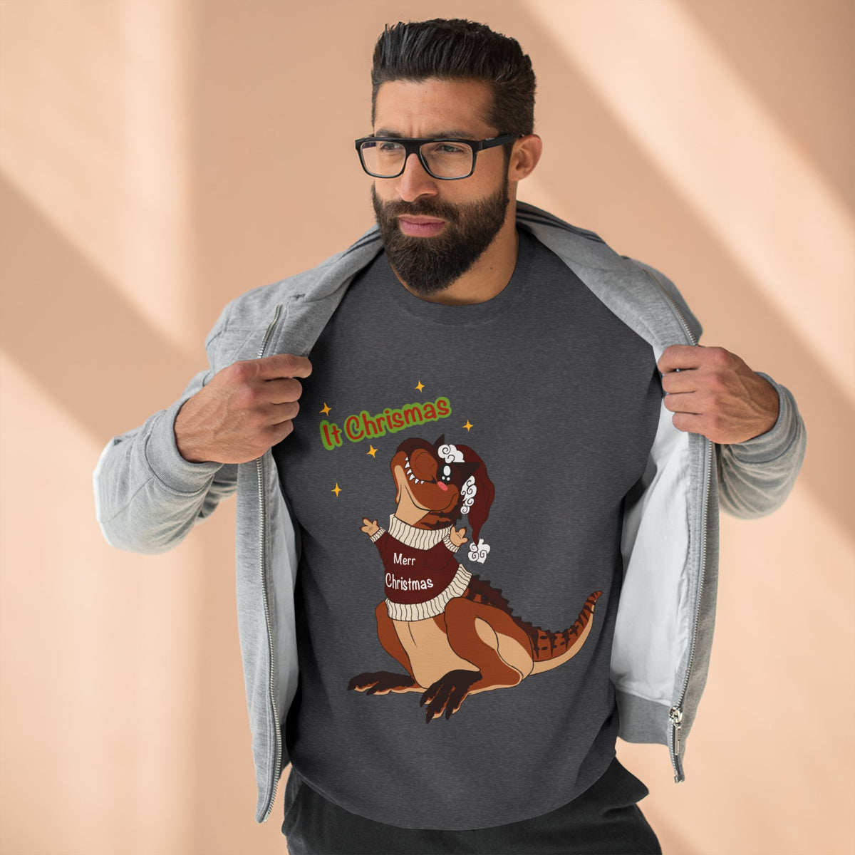 Carnotaurus Wearing Santa Hat Crewneck Sweatshirt | Christmas Dinosaur Holiday Sweater