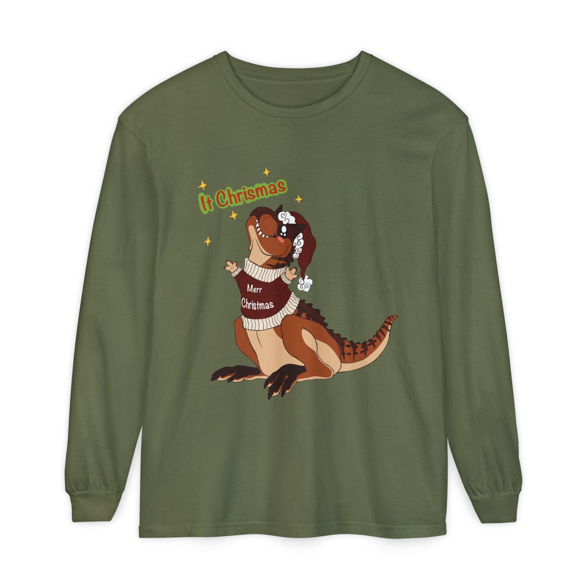 Carnotaurus Wearing Santa Hat Christmas Long Sleeve T-Shirt | Dino Holiday Tee | Dinosaur Christmas Shirt | Dinos Lover Christmas Gift