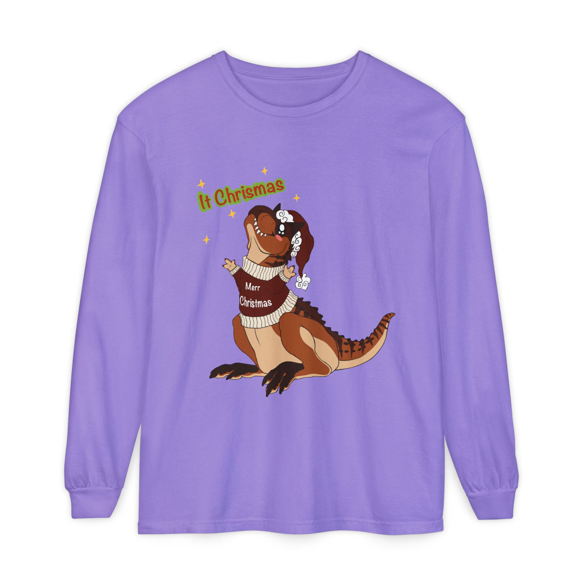 Carnotaurus Wearing Santa Hat Christmas Long Sleeve T-Shirt | Dino Holiday Tee | Dinosaur Christmas Shirt | Dinos Lover Christmas Gift