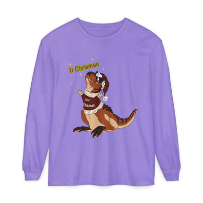Carnotaurus Wearing Santa Hat Christmas Long Sleeve T-Shirt | Dino Holiday Tee | Dinosaur Christmas Shirt | Dinos Lover Christmas Gift