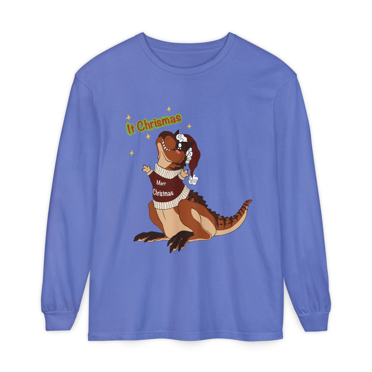 Carnotaurus Wearing Santa Hat Christmas Long Sleeve T-Shirt | Dino Holiday Tee | Dinosaur Christmas Shirt | Dinos Lover Christmas Gift