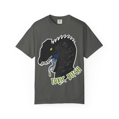 Toxic Bitch Dilophosaur T-Shirt | Black Dinosaur Head Graphic, Neon Green Eye Tee Shirt