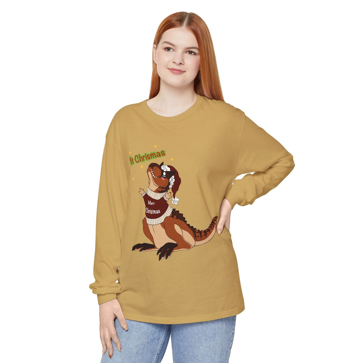 Carnotaurus Wearing Santa Hat Christmas Long Sleeve T-Shirt | Dino Holiday Tee | Dinosaur Christmas Shirt | Dinos Lover Christmas Gift