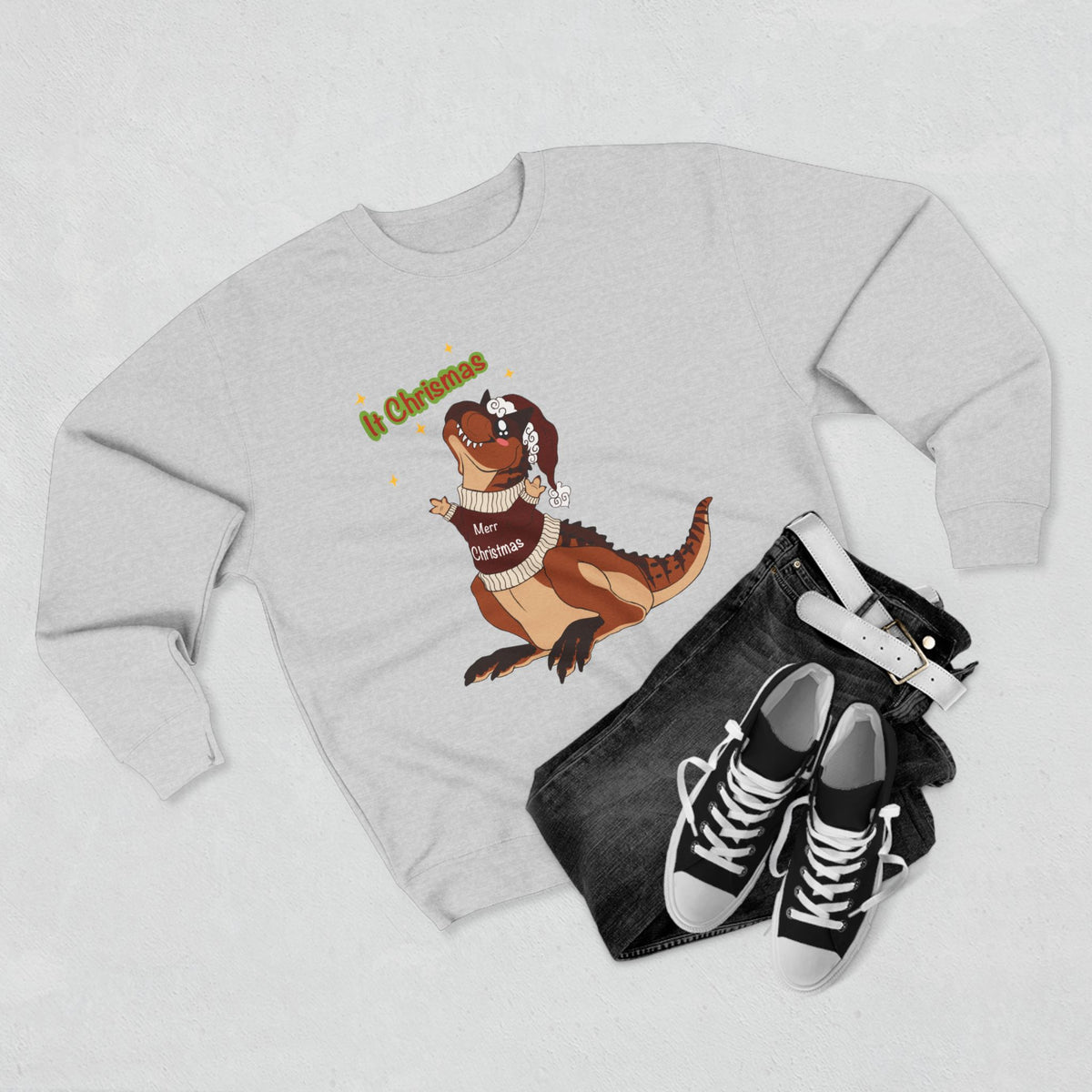 Carnotaurus Wearing Santa Hat Crewneck Sweatshirt | Christmas Dinosaur Holiday Sweater