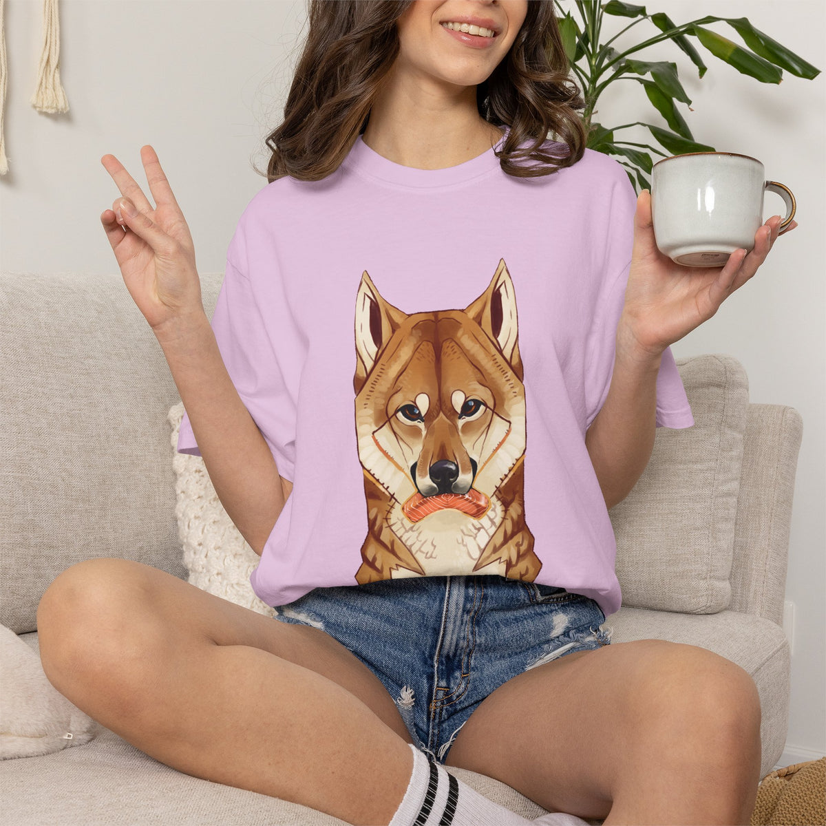 Shiba Inu T-Shirt | Cute Dog Shirt | Shiba Inu Lover Gift | Dog Lover Tee | Japanese Dog Art with Slice of Salmon