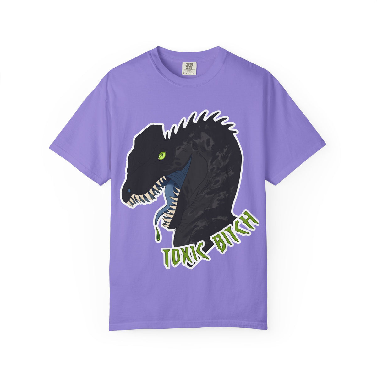 Toxic Bitch Dilophosaur T-Shirt | Black Dinosaur Head Graphic, Neon Green Eye Tee Shirt