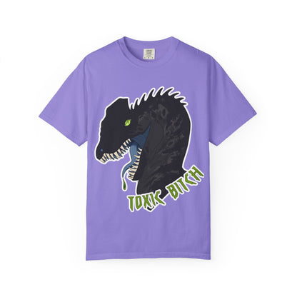 Toxic Bitch Dilophosaur T-Shirt | Black Dinosaur Head Graphic, Neon Green Eye Tee Shirt