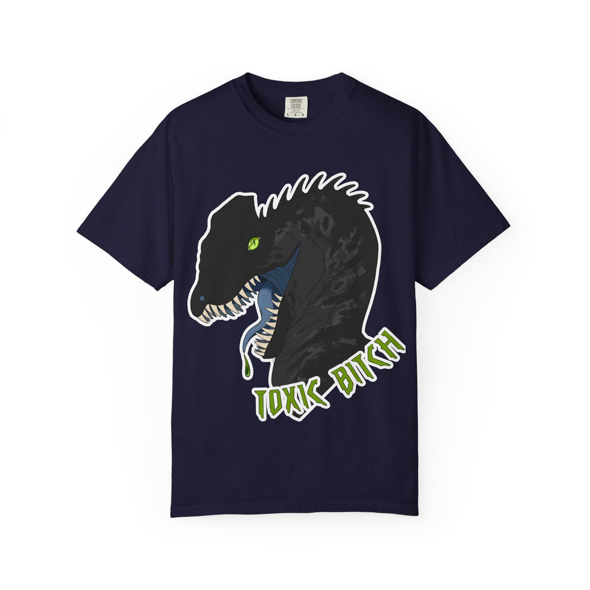 Toxic Bitch Dilophosaur T-Shirt | Black Dinosaur Head Graphic, Neon Green Eye Tee Shirt