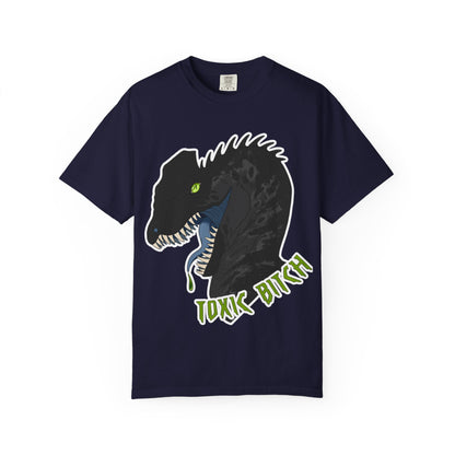 Toxic Bitch Dilophosaur T-Shirt | Black Dinosaur Head Graphic, Neon Green Eye Tee Shirt
