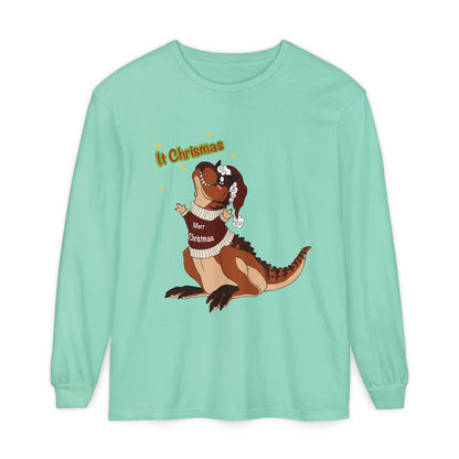 Carnotaurus Wearing Santa Hat Christmas Long Sleeve T-Shirt | Dino Holiday Tee | Dinosaur Christmas Shirt | Dinos Lover Christmas Gift
