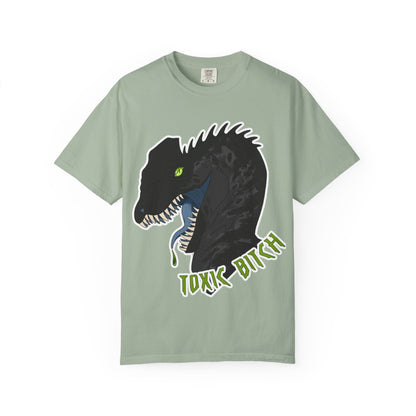 Toxic Bitch Dilophosaur T-Shirt | Black Dinosaur Head Graphic, Neon Green Eye Tee Shirt