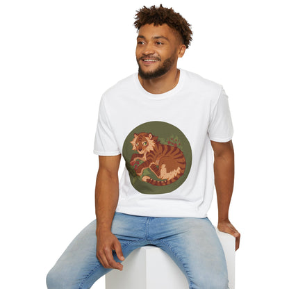 Playful Smilodon Sabertooh Tiger Illustration T-Shirt | Cute Cartoon Saber Cat Tiger Tee