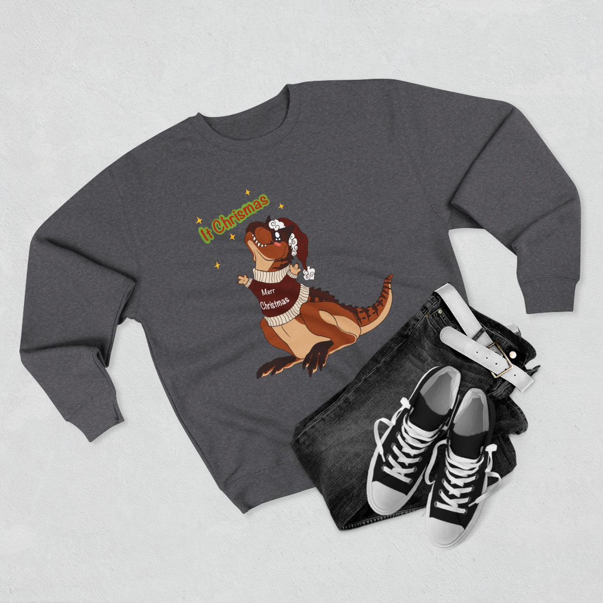 Carnotaurus Wearing Santa Hat Crewneck Sweatshirt | Christmas Dinosaur Holiday Sweater