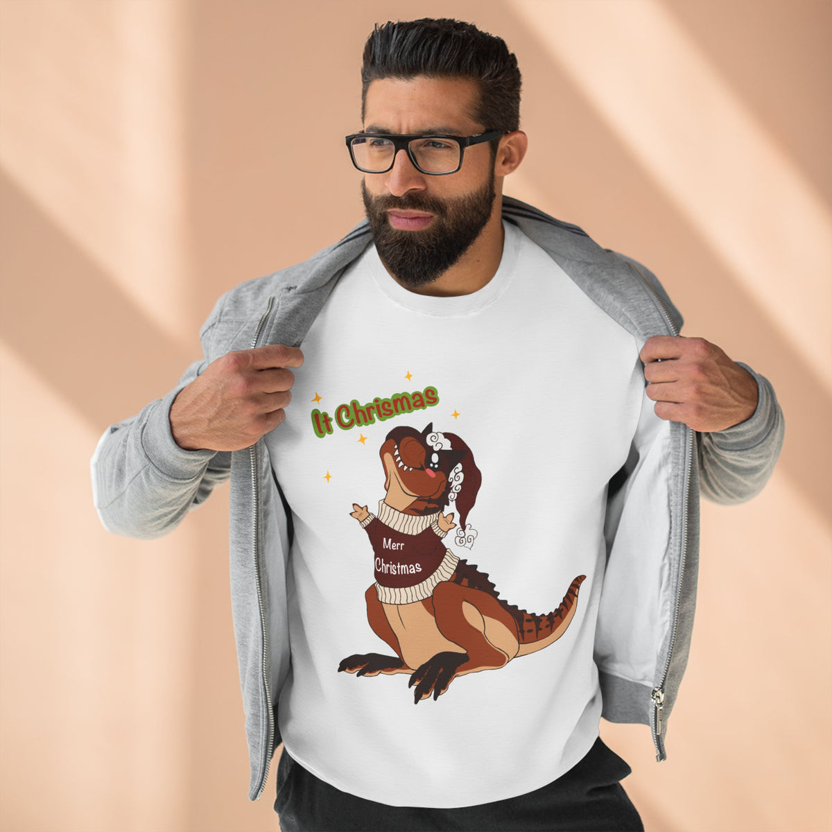 Carnotaurus Wearing Santa Hat Crewneck Sweatshirt | Christmas Dinosaur Holiday Sweater